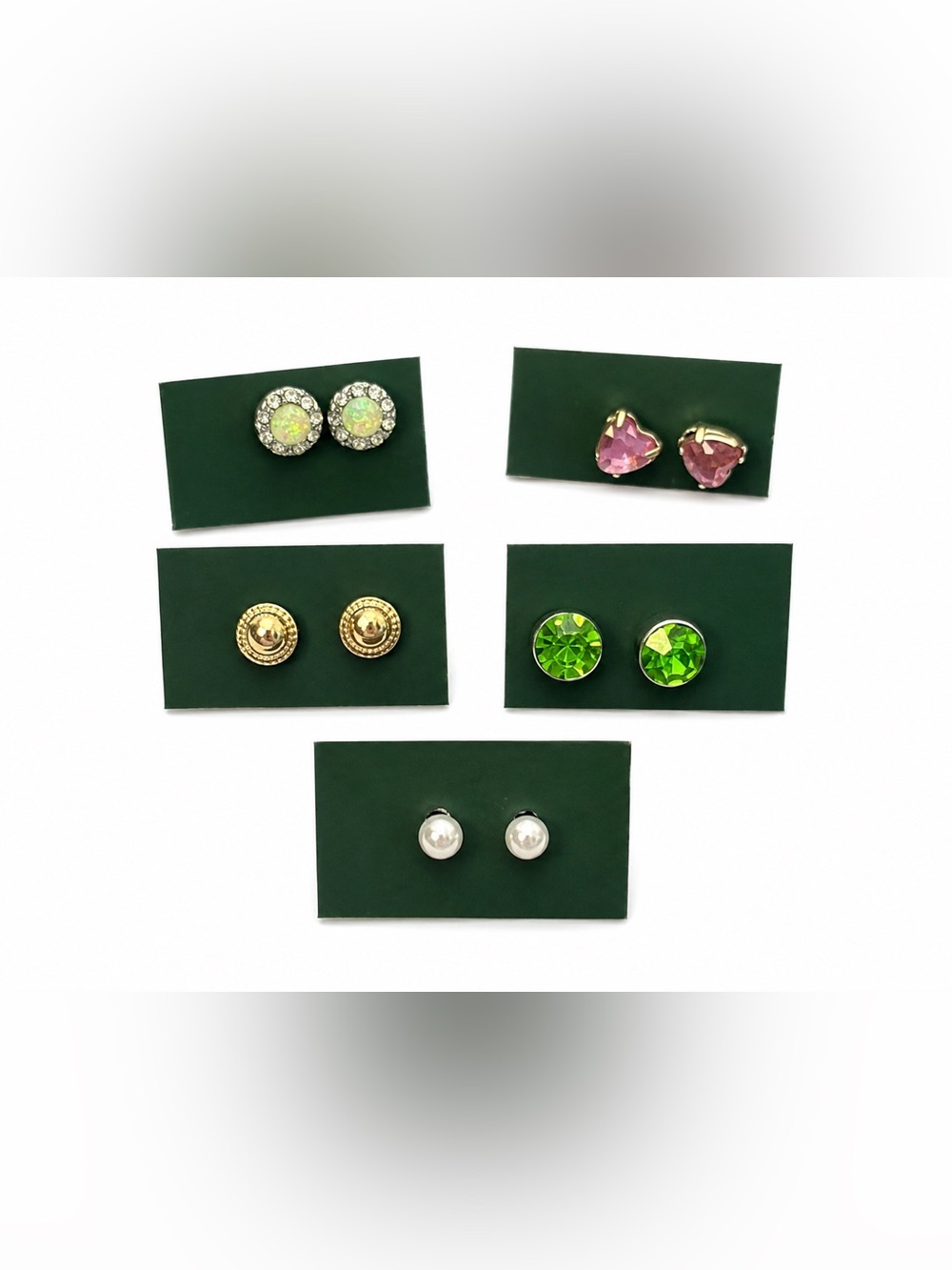 5 Pair Mixed Stud Earrings Lot Rhinestone Pink Green Pearl Gold Tone